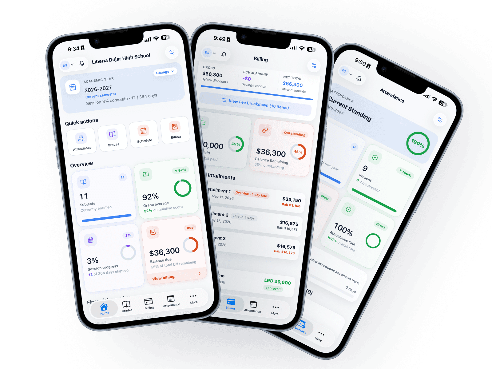 EzySchool app - Home, Billing, and Attendance screens side by side