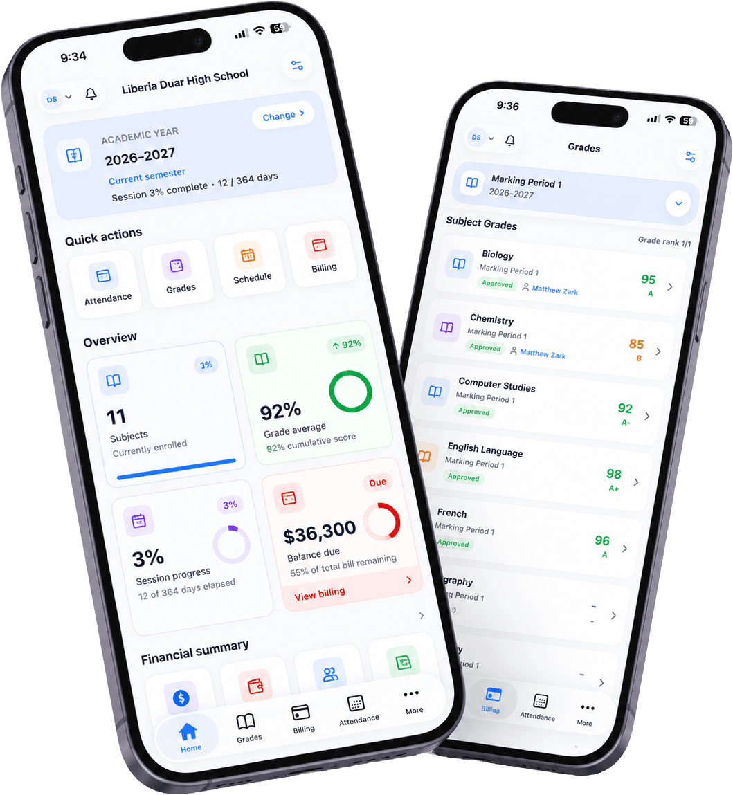 EzySchool mobile app - Home and Grades screens