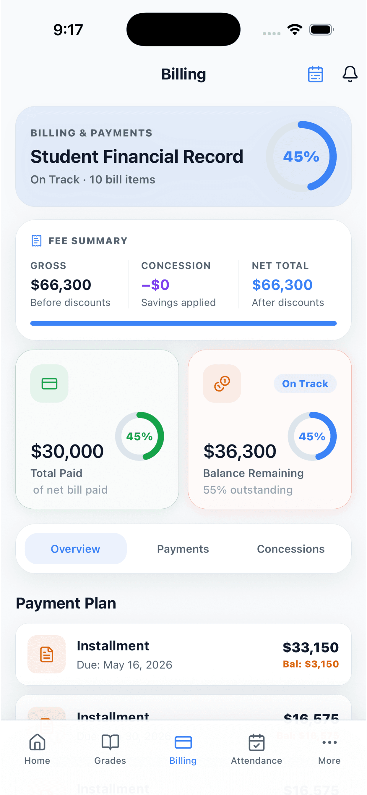 EzySchool mobile billing screen