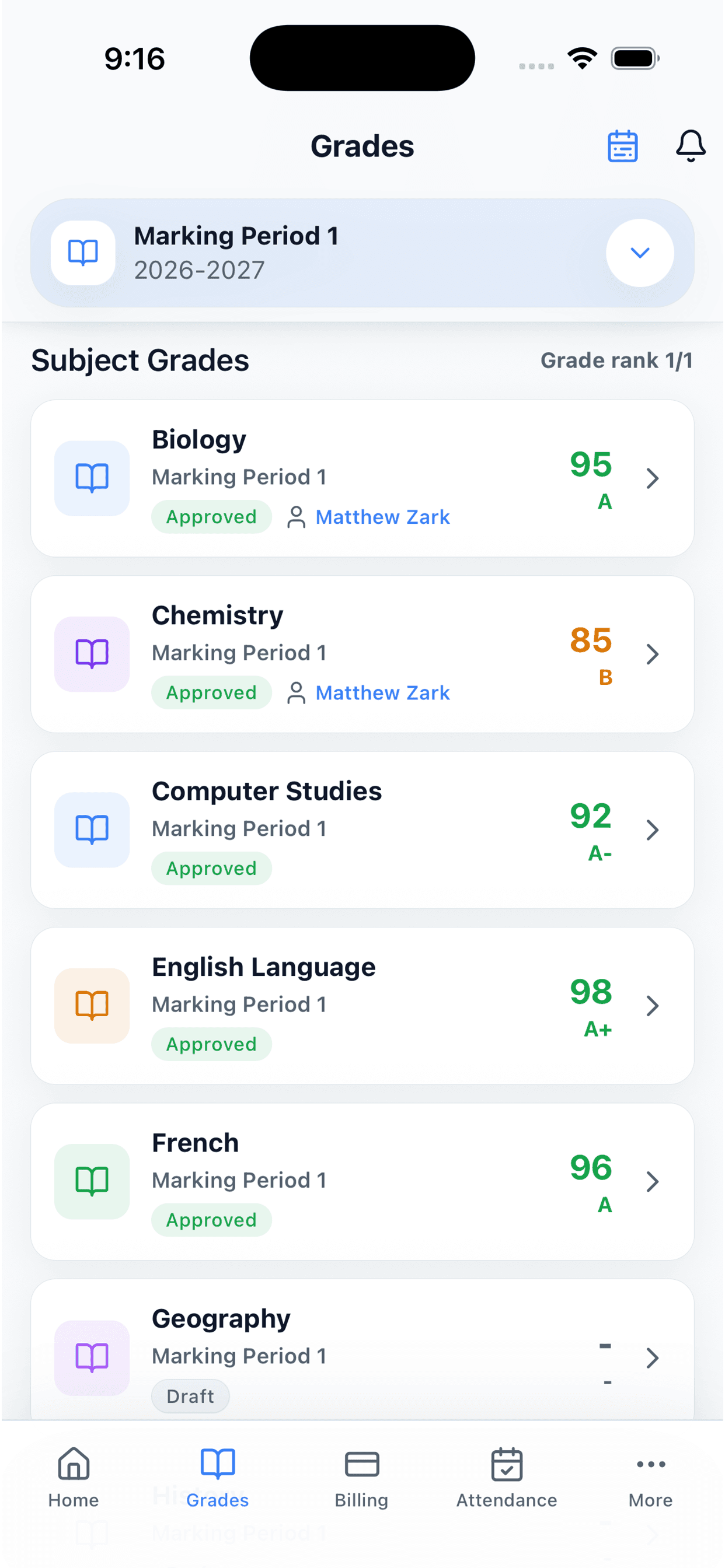 App grades screen